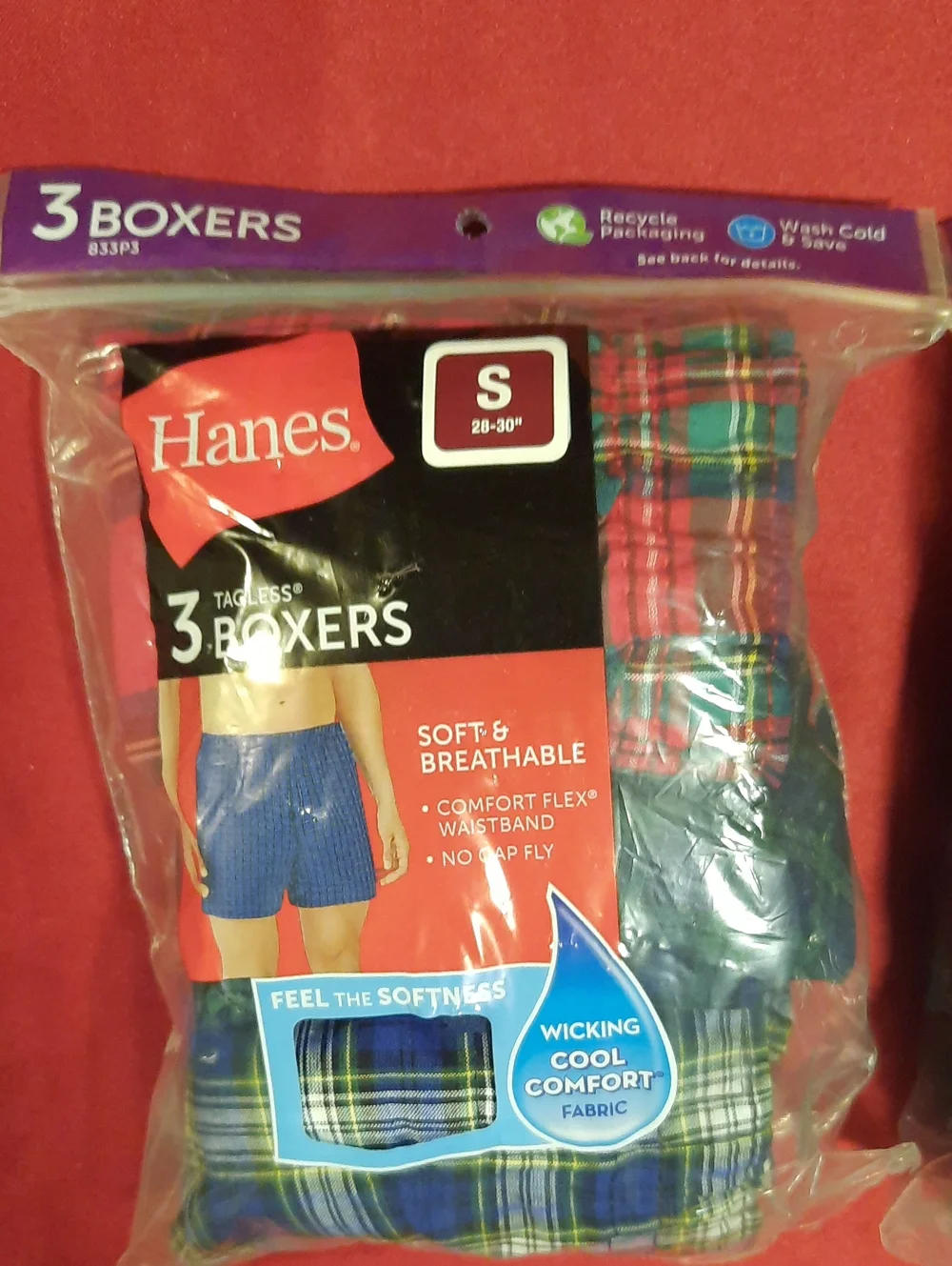 2 Hanes Men's 3-Pack Plaid Boxer Briefs - Blue/Green (Small) 6 Pair Boxer Briefs